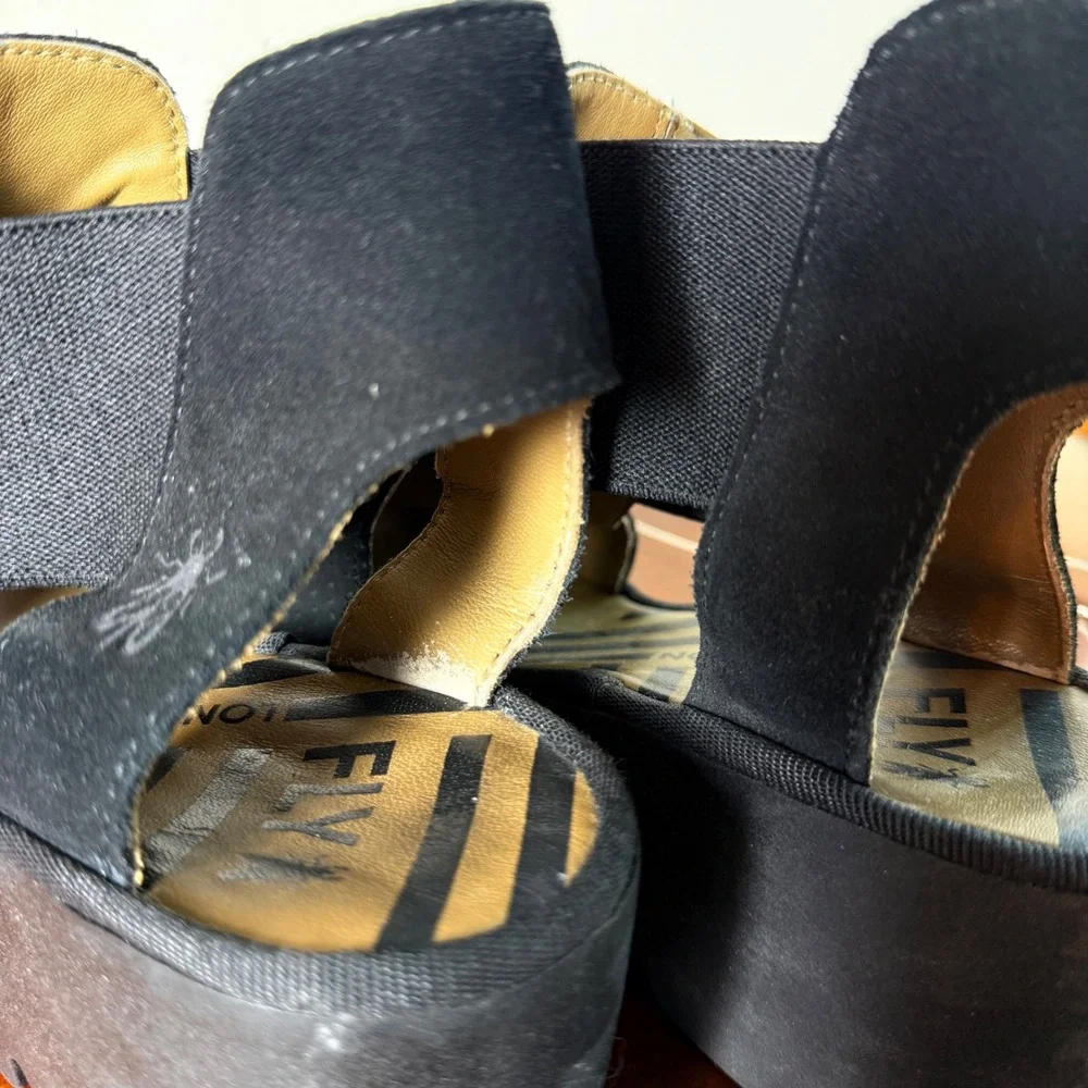 Fly London Wedge Sandals Women 40 (9) Black Suede Perforated Peep Toe Platform